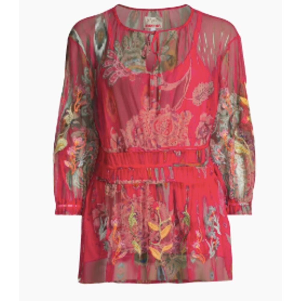 Johnny Was Feather Lark Embroidered Mesh Blouse